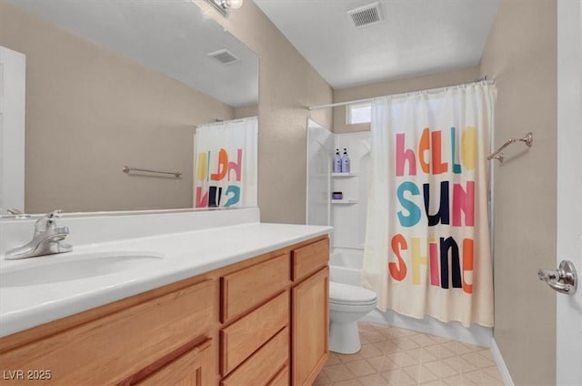 bathroom featuring shower / bath combo with shower curtain, toilet, vanity, tile patterned floors, and vaulted ceiling