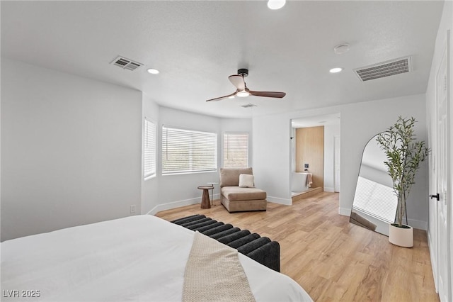bedroom with light wood-type flooring, baseboards, recessed lighting, and ceiling fan