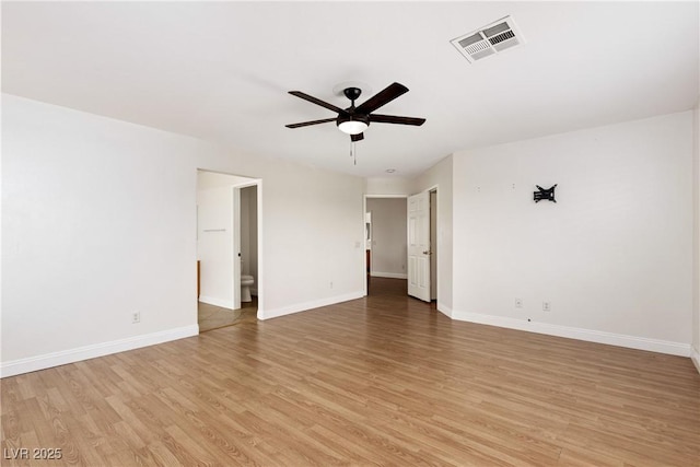 unfurnished room featuring light wood-style flooring, baseboards, and ceiling fan