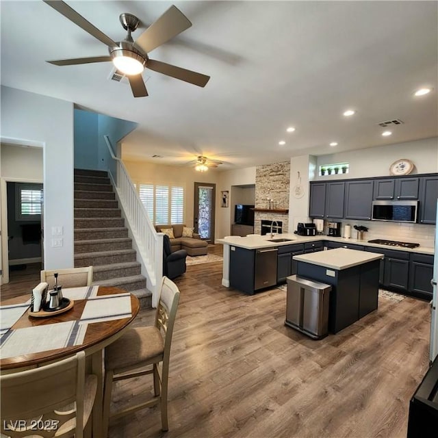 kitchen with stainless steel appliances, a kitchen island, ceiling fan, light countertops, and a sink