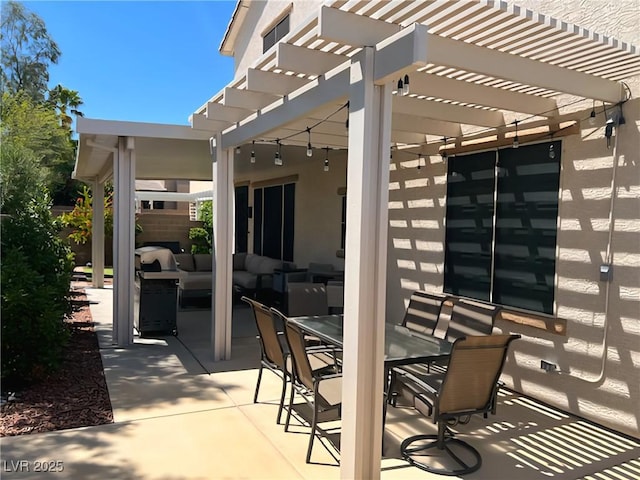 view of patio / terrace with a pergola, an outdoor living space, and outdoor dining space