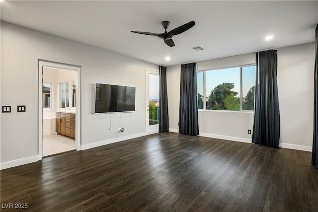unfurnished living room with a ceiling fan, wood finished floors, baseboards, and recessed lighting