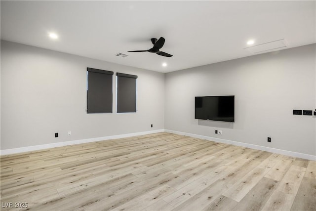unfurnished living room with recessed lighting, a ceiling fan, light wood-style floors, and baseboards