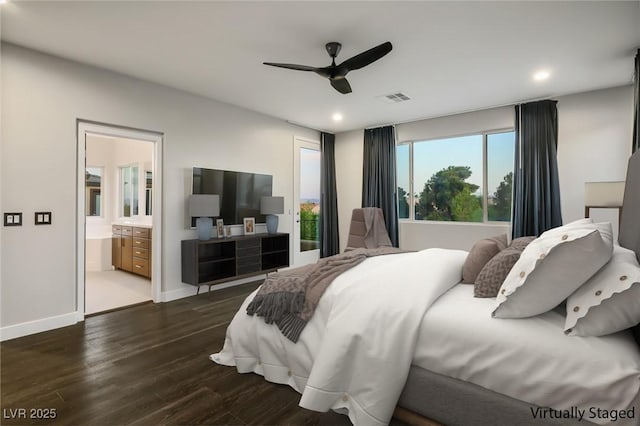 bedroom with dark wood-style flooring, recessed lighting, baseboards, ensuite bath, and ceiling fan