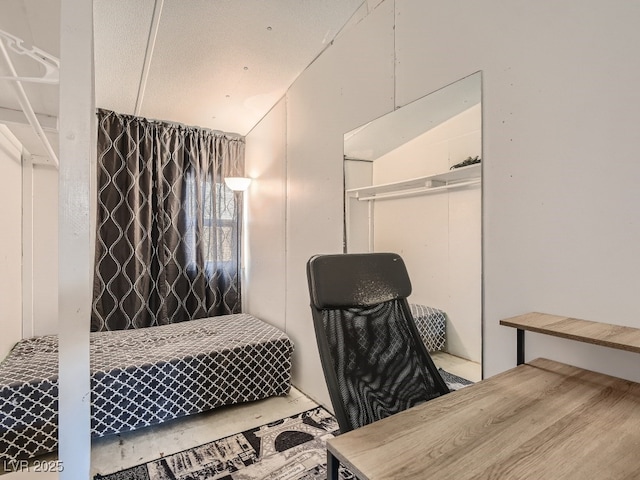bedroom with lofted ceiling and a closet