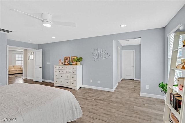 3171 Biccari Ave, Henderson, NV 89044 - bedroom with baseboards, light wood finished floors, recessed lighting, and a ceiling fan