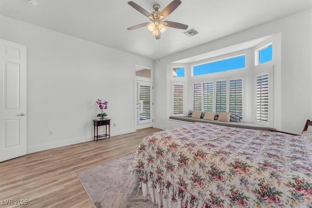 9916 Netherton Dr, Las Vegas, NV 89134 - bedroom featuring access to outside, wood finished floors, baseboards, and ceiling fan