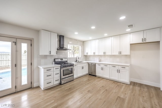 kitchen featuring stainless steel appliances, wall chimney exhaust hood, a sink, white cabinetry, and tasteful backsplash