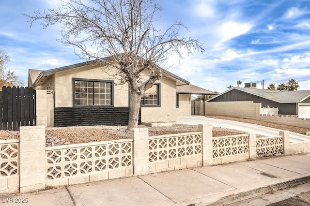 view of front facade with a fenced front yard and stucco siding