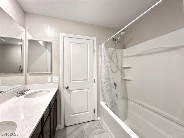 483 Fairview Hills St, Las Vegas, NV 89138 - full bath featuring double vanity, shower / bathtub combination with curtain, and marble look tiles