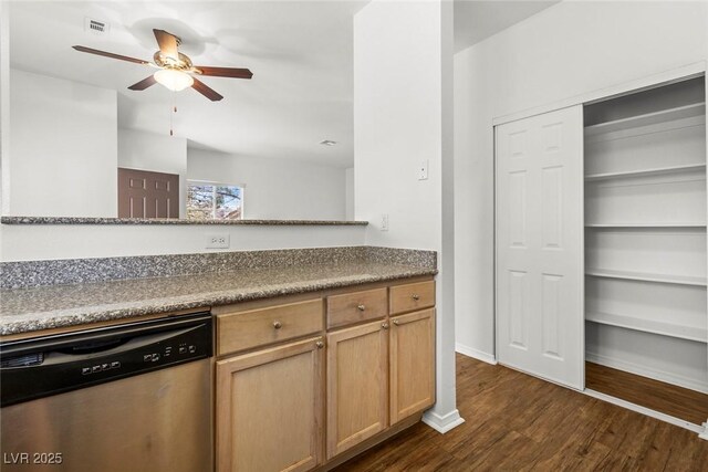 5250 S Rainbow Blvd Unit 2106, Las Vegas, NV 89118 - kitchen featuring stainless steel dishwasher, ceiling fan, dark wood-type flooring, baseboards, and dark countertops