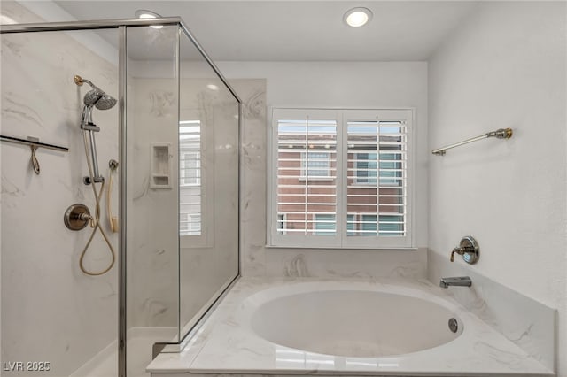 9893 Santa Ponsa Ct, Las Vegas, NV 89178 - bathroom with a marble finish shower, a bath, and recessed lighting