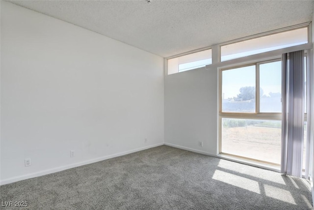 carpeted empty room featuring a textured ceiling and baseboards