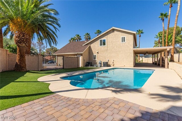 326 Fuente Dr, Henderson, NV 89014 - view of pool with a ceiling fan, a fenced backyard, a patio, and a gate