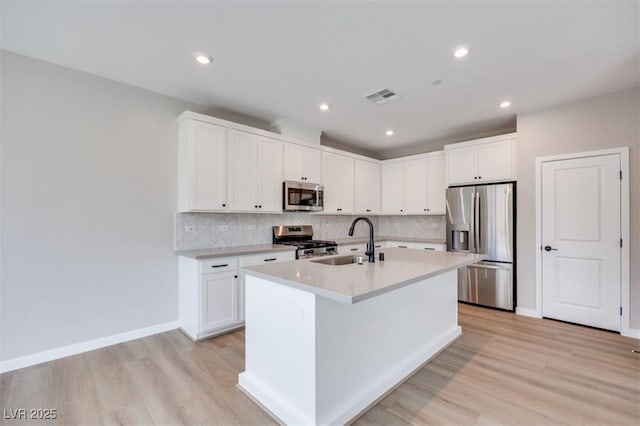 kitchen featuring stainless steel appliances, a sink, light wood finished floors, tasteful backsplash, and recessed lighting