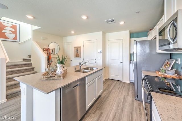 kitchen with appliances with stainless steel finishes, a sink, light wood finished floors, white cabinetry, and recessed lighting