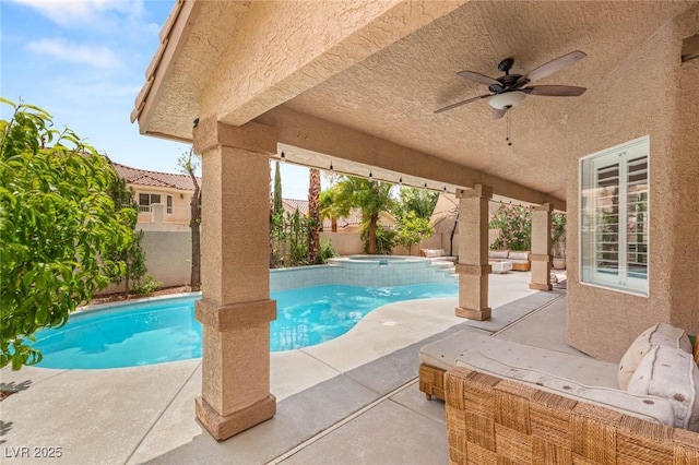 9615 Sedona Hills Ct, Las Vegas, NV 89147 - view of swimming pool featuring a fenced backyard, ceiling fan, a patio, and a pool with connected hot tub
