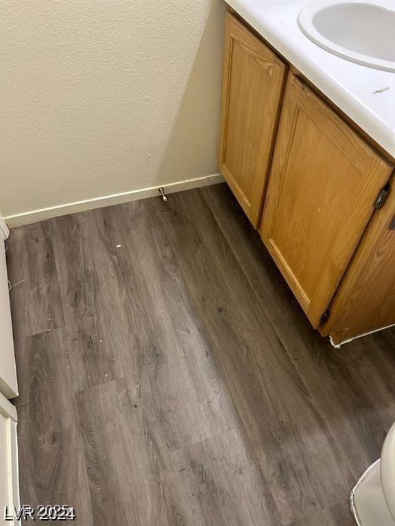 bathroom view of wood finished floors, baseboards, and vanity