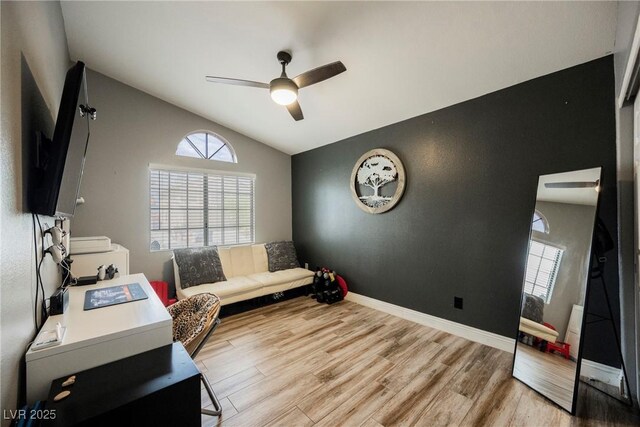 2860 Galena Peak Ln, Las Vegas, NV 89156 - office area with ceiling fan, wood finished floors, vaulted ceiling, and baseboards