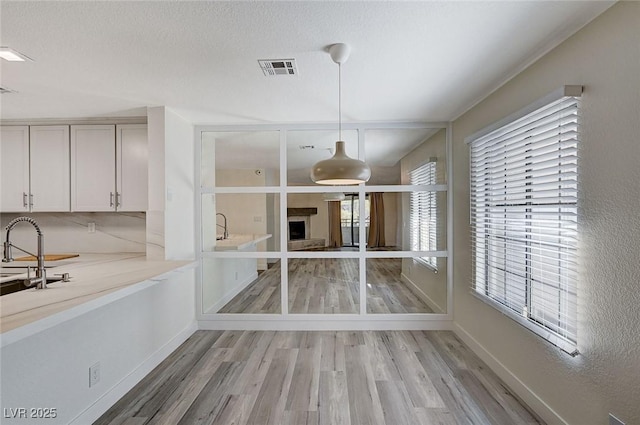 2633 S Durango Dr Unit 201, Las Vegas, NV 89117 - unfurnished dining area with light wood finished floors, a fireplace with raised hearth, baseboards, and a sink