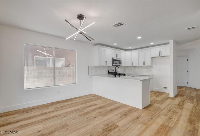 kitchen with stainless steel microwave, light countertops, a peninsula, a sink, and white cabinetry