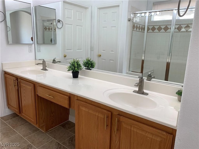 9236 Canalino Dr, Las Vegas, NV 89134 - bathroom featuring a stall shower and double vanity