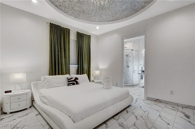 bedroom featuring light marble finish floors, a tray ceiling, recessed lighting, baseboards, and a chandelier