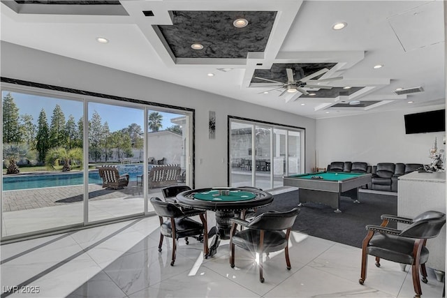 game room featuring coffered ceiling, light marble finish floors, billiards table, recessed lighting, and a ceiling fan