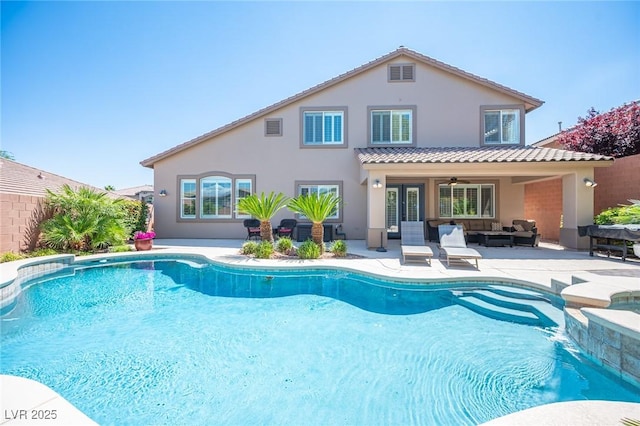 11112 Pine Greens Ct, Las Vegas, NV 89144 - outdoor pool with outdoor lounge area, ceiling fan, a patio area, and fence