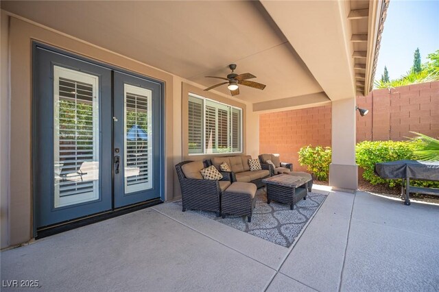 11112 Pine Greens Ct, Las Vegas, NV 89144 - view of patio featuring french doors, ceiling fan, and outdoor lounge area