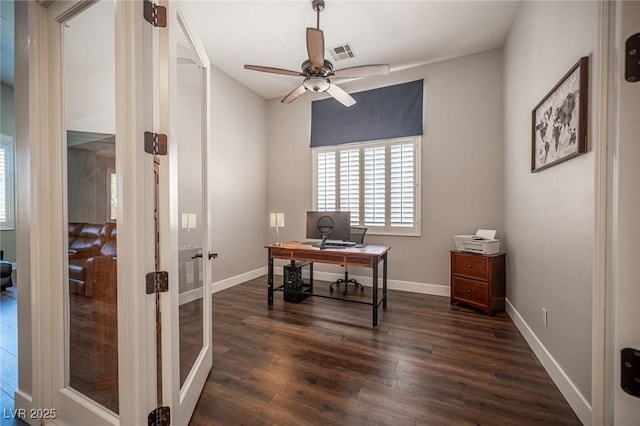 11112 Pine Greens Ct, Las Vegas, NV 89144 - office space featuring a ceiling fan, dark wood-style floors, baseboards, and french doors