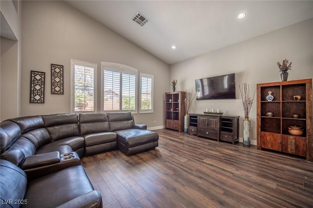 11112 Pine Greens Ct, Las Vegas, NV 89144 - living area featuring dark wood finished floors, baseboards, recessed lighting, and high vaulted ceiling