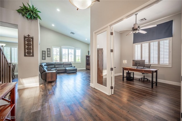 11112 Pine Greens Ct, Las Vegas, NV 89144 - living area featuring a desk, plenty of natural light, dark wood finished floors, ceiling fan, and high vaulted ceiling