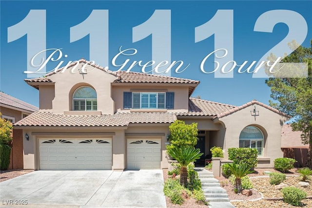 11112 Pine Greens Ct, Las Vegas, NV 89144 - mediterranean / spanish-style house featuring a garage, stucco siding, driveway, and a tiled roof