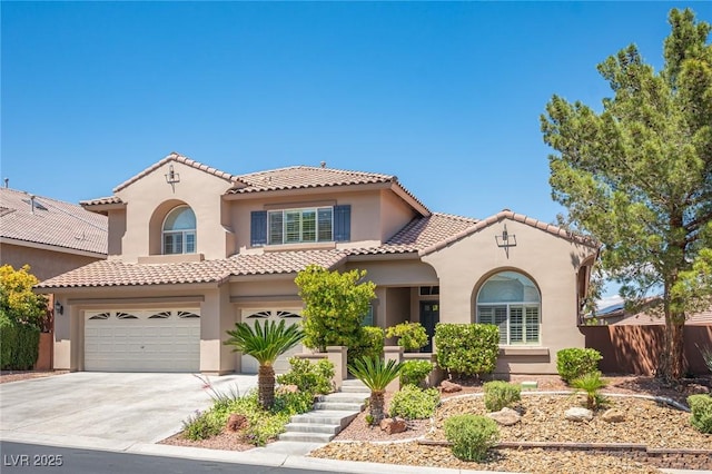 11112 Pine Greens Ct, Las Vegas, NV 89144 - mediterranean / spanish home with stucco siding, fence, a garage, and a tile roof