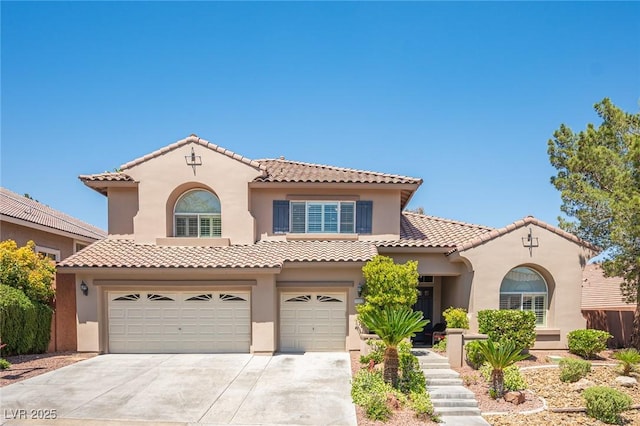 11112 Pine Greens Ct, Las Vegas, NV 89144 - mediterranean / spanish-style house featuring a garage, stucco siding, a tiled roof, and concrete driveway