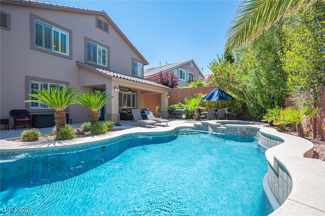 11112 Pine Greens Ct, Las Vegas, NV 89144 - view of pool featuring a patio, ceiling fan, fence, and a pool with connected hot tub