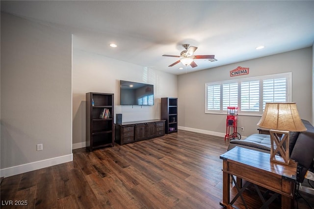 11112 Pine Greens Ct, Las Vegas, NV 89144 - home office featuring ceiling fan, dark wood-type flooring, baseboards, and recessed lighting