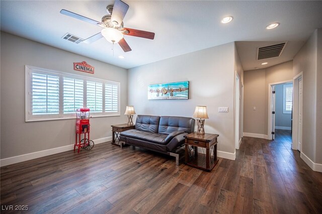 11112 Pine Greens Ct, Las Vegas, NV 89144 - living area featuring a ceiling fan, plenty of natural light, dark wood-style flooring, and recessed lighting