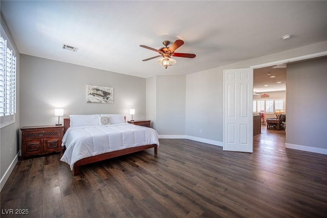 11112 Pine Greens Ct, Las Vegas, NV 89144 - bedroom featuring dark wood finished floors, baseboards, ceiling fan, and recessed lighting