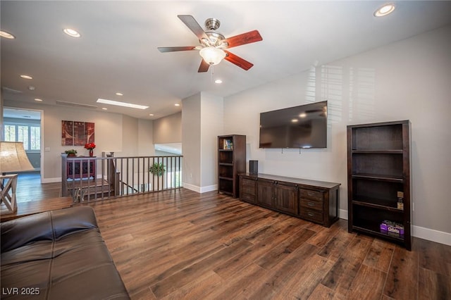 11112 Pine Greens Ct, Las Vegas, NV 89144 - living room featuring wood finished floors, ceiling fan, baseboards, and recessed lighting