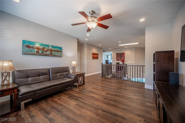 11112 Pine Greens Ct, Las Vegas, NV 89144 - living room with wood finished floors, a ceiling fan, baseboards, and recessed lighting