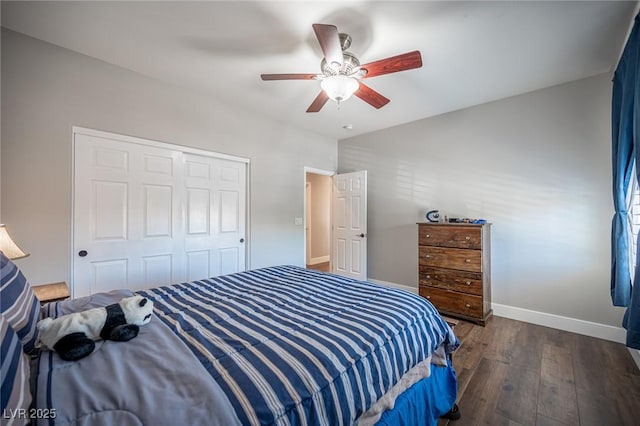 11112 Pine Greens Ct, Las Vegas, NV 89144 - bedroom featuring hardwood / wood-style floors, a closet, a ceiling fan, and baseboards