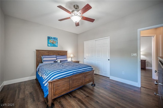 11112 Pine Greens Ct, Las Vegas, NV 89144 - bedroom featuring dark wood-style floors, baseboards, a closet, and a ceiling fan
