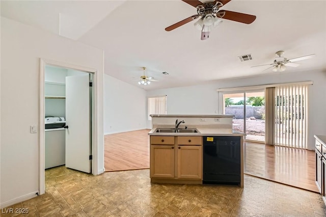 3912 Branchwood Dr, North Las Vegas, NV 89032 - kitchen with dishwasher, a sink, a ceiling fan, open floor plan, and baseboards