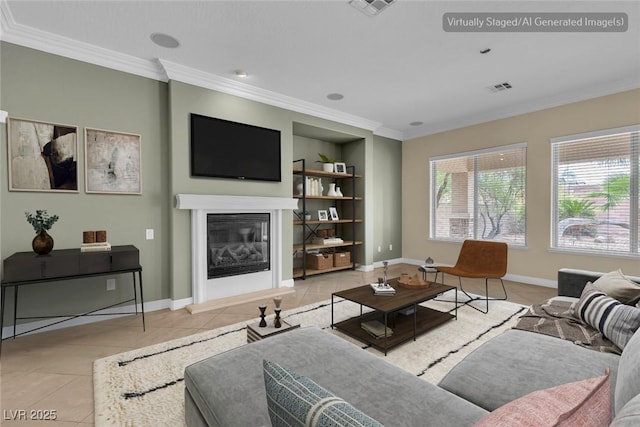 7505 Java Sparrow St, North Las Vegas, NV 89084 - living area with tile patterned flooring, ornamental molding, a glass covered fireplace, built in features, and baseboards