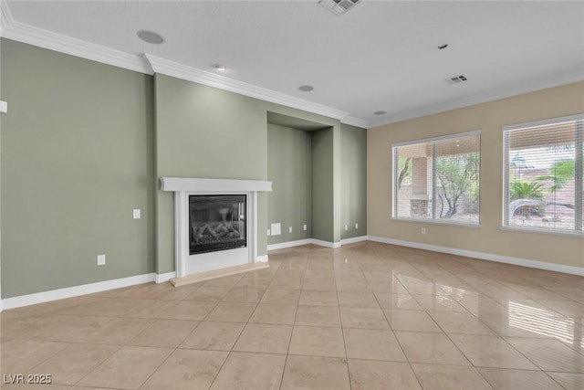 7505 Java Sparrow St, North Las Vegas, NV 89084 - unfurnished living room with ornamental molding, light tile patterned flooring, baseboards, and a glass covered fireplace