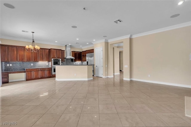 7505 Java Sparrow St, North Las Vegas, NV 89084 - kitchen with wall chimney exhaust hood, open floor plan, backsplash, light tile patterned flooring, and crown molding