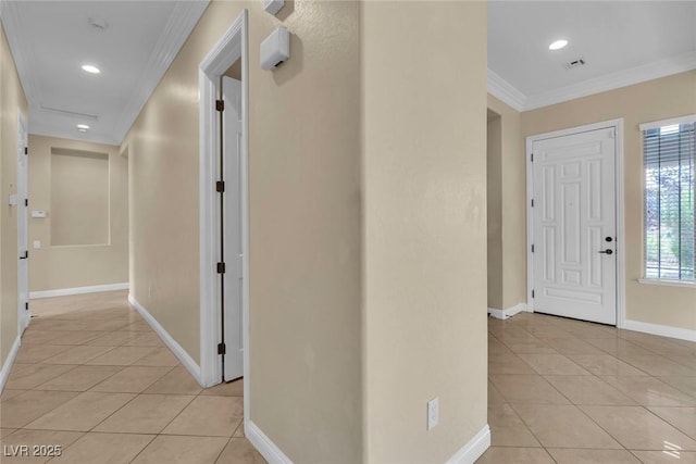7505 Java Sparrow St, North Las Vegas, NV 89084 - entryway featuring light tile patterned flooring, crown molding, baseboards, and recessed lighting