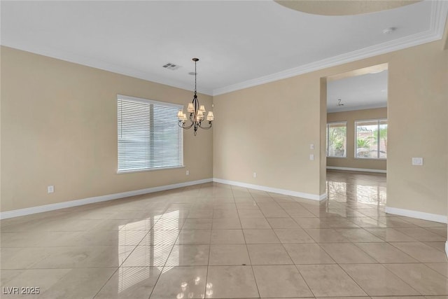 7505 Java Sparrow St, North Las Vegas, NV 89084 - spare room featuring light tile patterned floors, baseboards, ornamental molding, and a chandelier